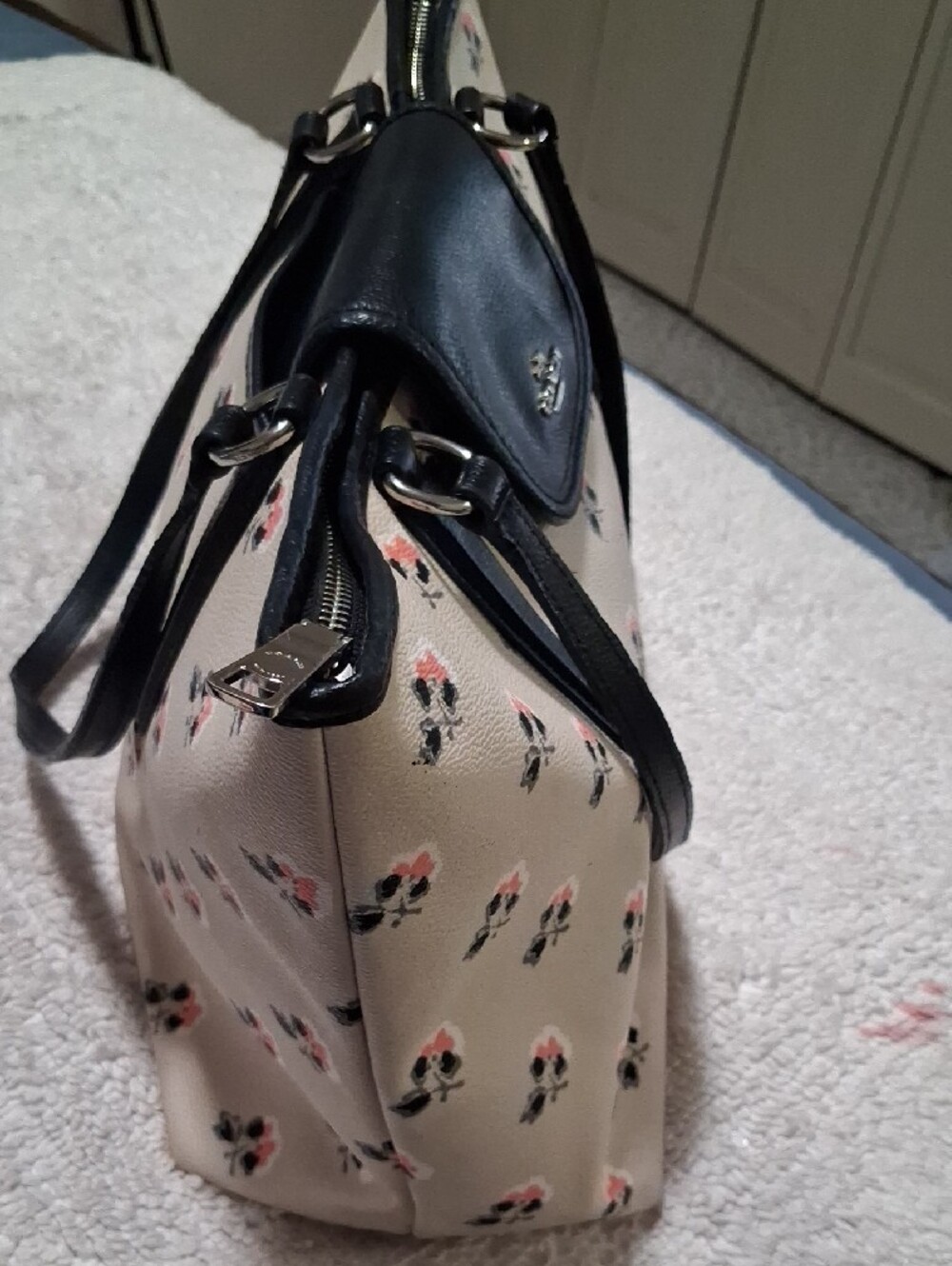 COACH Floral Print Tote Bag in Beige with Black Trim - Picture 4 of 14